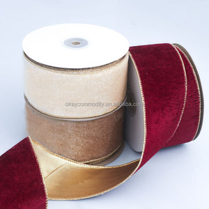 OKAY Vente en gros 2.5 pouces x 10 mètres <span class=keywords><strong>de</strong></span> <span class=keywords><strong>ruban</strong></span> <span class=keywords><strong>de</strong></span> velours filaire <span class=keywords><strong>de</strong></span> Noël extérieur <span class=keywords><strong>rouge</strong></span> avec bord doré pour couronnes - Product Image 3
