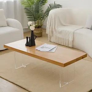 Hanyee individuell gestaltete Möbel holz Couchtisch natürliches Holz enden Tische Teetisch mit Acryl-Beinbasis für Zentrum Heimdekoration
