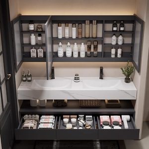 Meuble-lavabo de salle de bain en acier inoxydable avec vasque intégrée, lavabo intelligent, couleur gris, miroir lumineux inclus, taille personnalisable - Product Image 4
