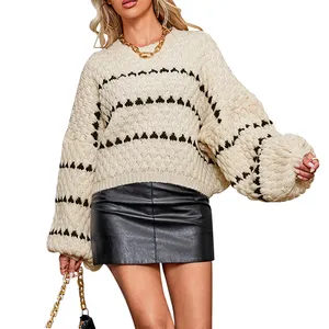 2024 Spring Puff Sleeve Pullover Women's Sweaters Long Sleeve Fashion Knitted Casual Plus Size Loose Striped Sweater for Women