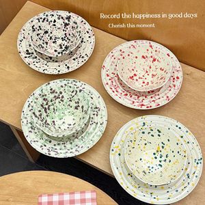 Vaisselle en porcelaine rétro de luxe légère effet éclaboussures d'encre, bols à riz et assiettes à soupe pour le petit-déjeuner/dessert/salades, passe au micro-ondes - Product Image 2