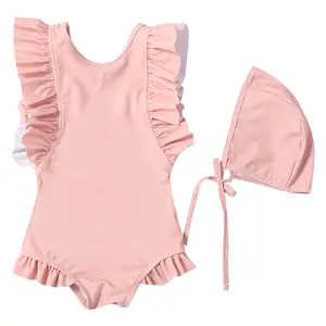 Hot Sale Baby Girl Sweet One-Piece Swimsuit with Hat for Summer