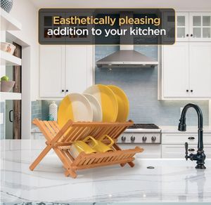 Escurridor de Platos Plegable de Bambú Ecológico de Dos Niveles, Tipo Vertical, con Soporte para Utensilios de Cocina - Product Image 3