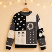 Pull tricoté personnalisé pour homme, motif blocs de couleur Noël, bonhomme de neige, couronne, cloche, intarsia, étoiles, panneau torsadé, OEM ODM