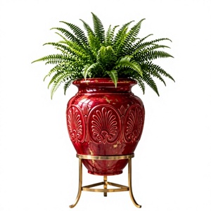 Red Glazed <b>Plant</b> <b>Pot</b> with Gold Stand <b>Vintage</b> Embossed Flower Planter for Home - Product Image 1
