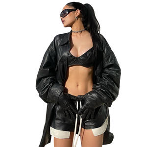 Pantaloncini da donna 2022 in <span class=keywords><strong>ecopelle</strong></span> PU traspirante, a vita alta, con elastico in vita, stile streetwear estivo, modello jogger biker, con patchwork a blocchi - Product Image 5