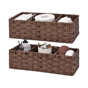 Wholesale Rectangle Handmade Woven Bathroom Tray PP Rattan Plastic Storage Bins Toilet Storage Basket