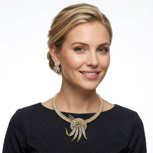 Luxury Brass Pearl Jewelry Set CZ Crystal Rhodium Statement Necklace Matching Earrings Two Tone Gold <b>Silver</b> Wedding <b>Choker</b> - Product Image 1