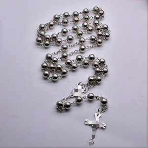 Collier chapelet en argent tibétain, perles rondes de 8 mm, pendentif croix, bijoux unisexes pour hommes et femmes - Product Image 2