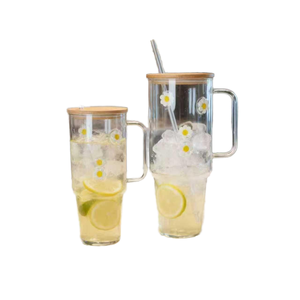 Bicchiere da Viaggio in Vetro Resistente al Calore, Antigoccia, Senza BPA, Grande Capacità, con Cannuccia, Coperchio in Bambù, Manico, Piccola <span class=keywords><strong>Margherita</strong></span>, Trasparente, per <span class=keywords><strong>Caffè</strong></span> - Product Image 1