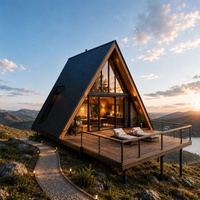 Chalet triangulaire à deux étages en forme de A avec un balcon charmant, villa de luxe à double étage avec terrasses pour maison préfabriquée triangulaire