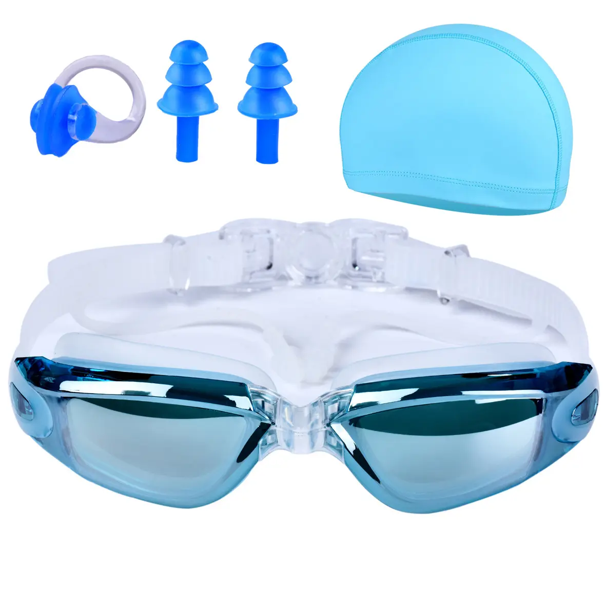2024 Swimming cap nose clip earplug goggles for No Leaking Swim Eyewear Suit UV Protection Anti Fog Swimming Caps Set