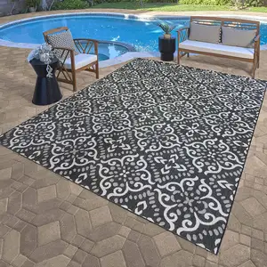 Outdoor Rug Freedom Collection Nautical Themed Smart Care Deck Patio Carpet 8x10 Large Floral Medallion Black and White
