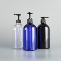 Botella Dispensadora de Plástico PET de 500 ml, Redonda, Recargable, Transparente, Azul y Negra, para Loción, Champú, Gel de Ducha, Jabón de Manos
