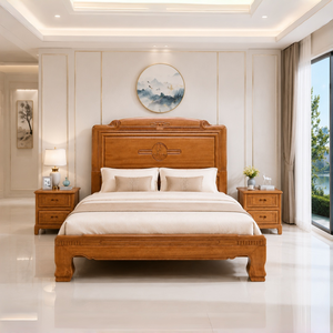 Cadre de lit en bois massif de style chinois moderne, taille King Queen, ensemble de meubles de chambre à coucher de luxe en bois dur, OEM ODM - Product Image 4