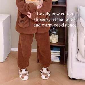 XIXITIAO Vente chaude Chaussons d'intérieur douillets et chauds pour femmes et filles, en peluche douce, semelle antidérapante, motif vache, chaussures d'hiver - Product Image 6
