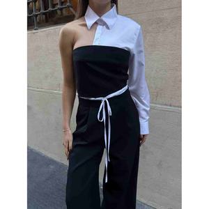 ชุดเสื้อเชิ้ตสีดำสำหรับผู้หญิง ทรงเข้ารูป คอปกสีขาว แขนยาว พร้อมกางเกงขายาวทรงกว้าง ชุดแฟชั่น - Product Image 4