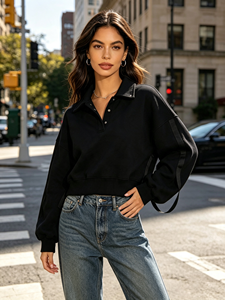 Women's Black <b>Polo</b> Sweatshirt Long Sleeve Loose Crew Neck Printed Hoodie Custom Logo Casual Spring Wear - Product Image 2