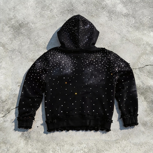 Sweat à capuche <span class=keywords><strong>noir</strong></span> oversize en coton French Terry de haute qualité, effet délavé, style streetwear, avec fermeture éclair et strass personnalisés - Product Image 2