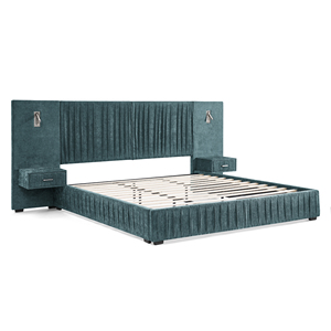 Lit King Size rembourré en tissu chenille, design plissé, avec tête de lit et cadre en teck massif, lit plateforme surélevé - Product Image 1