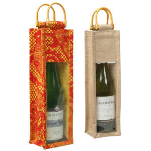 Bolsas para botellas de vino de yute 100% de arpillera biodegradable ecológica con ventana de PVC y mango de caña Embalaje textil - Product Image 6