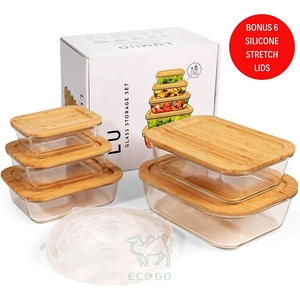 Boîte à bento avec couvercle en bambou pour enfants Lot de 5 boîtes à bento pour Bonus 6 couvercles extensibles en silicone Stockage des aliments en verre personnalisé - Product Image 1