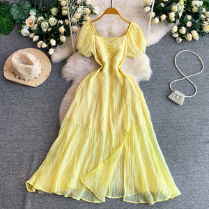 <span class=keywords><strong>Vestido</strong></span> de verano para mujer con cuello <span class=keywords><strong>cuadrado</strong></span>, mangas abullonadas, plisado y abertura en la cintura - Product Image 4