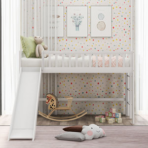 เตียงสองชั้นไม้สีขาวพร้อมสไลเดอร์และบันไดสำหรับห้องนอนเด็ก - Product Image 2