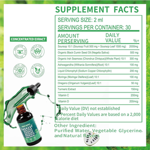 Gocce Liquide di Soursop Bitters 10 in 1 con Muschio Marino, <span class=keywords><strong>Moringa</strong></span>, Curcuma, Olio di Semi Neri, Origano, Ashwagandha, Integratore per il Supporto Immunitario 60ml - Product Image 6