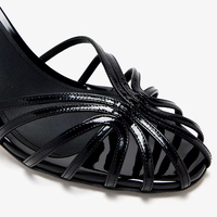 Prix de gros, logo personnalisé, mules pour femmes, bout rond, talons aiguilles, cuir verni noir, sandales à talons hauts pour femmes