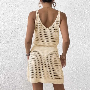 Robe tricotée sexy unie pour femme avec bretelles, mini-robe moulante ajourée à col halter et dos nu pour la plage - Product Image 5