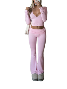 Conjunto Deportivo de Yoga para Mujer, Otoño, Color Sólido, Dos Piezas, Top Corto con Cuello en V, Pantalones Acampanados de Cintura Baja, Estilo Casual - Product Image 2