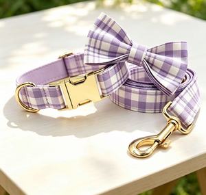 Strong <b>Light</b> Blue Plaid Polyester <b>Dog</b> Collar Leash Set Featuring Lovely Retro Design Sturdy Hook Buckle - Product Image 1