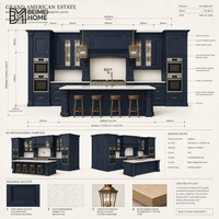 Meubles de cuisine sur mesure bleu marine américain, cheminée coloniale, hotte de cuisine, double four, lanternes vintage en laiton, armoires de style manoir