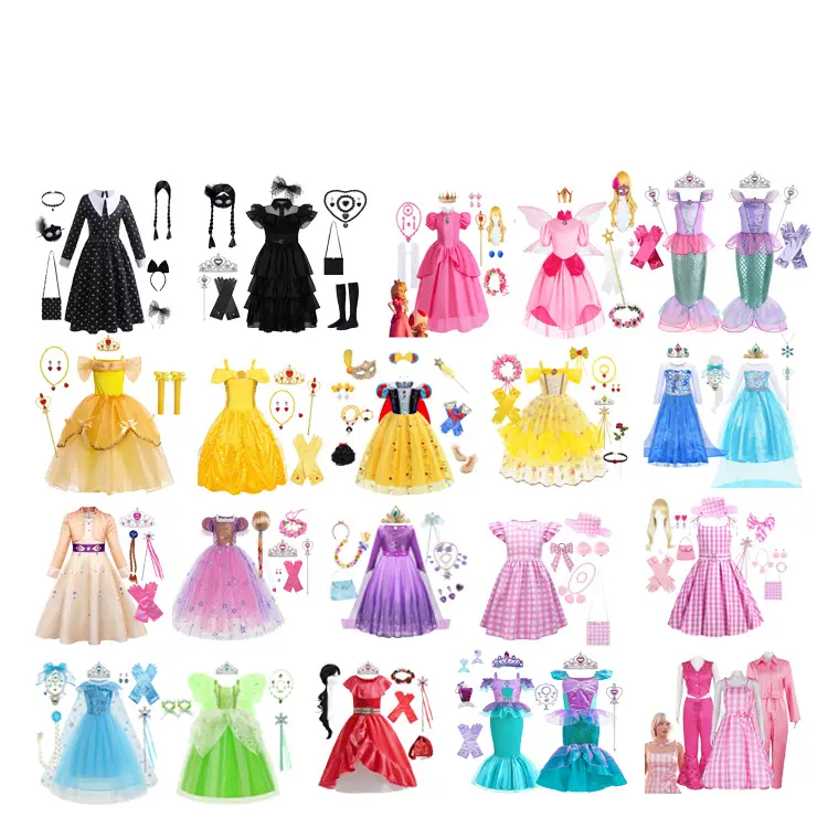 2024 Novo Filme TV Traje Dress Up Cosplay Halloween Festa de Aniversário Meninas Fancy Elsa Barbies Belle Cos Princesa Vestido Traje