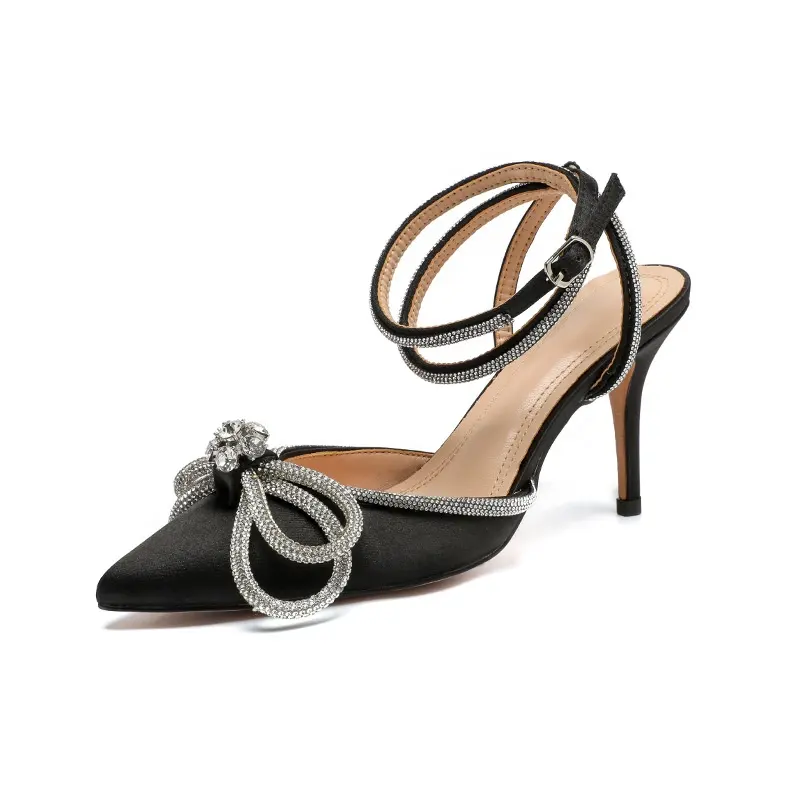 Sandalias de punta estrecha con diamantes de imitación para mujer, zapatos de tacón alto de aguja con lazo a la moda, 2022