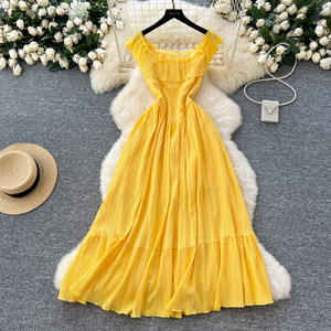 ชุดเดรสสีเหลืองสำหรับผู้หญิงแบบเปิดไหล่เอวสูงความยาวปานกลางแบบหรูหรา - Product Image 1