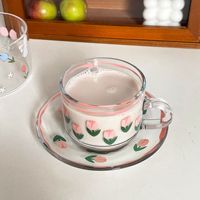 Ins Set cangkir kopi dan piring kaca Tulip Retro Perancis, Set cangkir teh siang bunga panas Korea