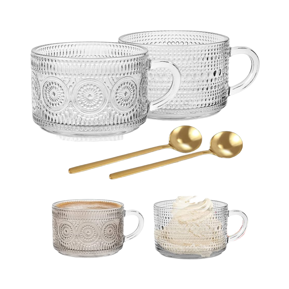 4pcs Cute Vintage Glass Coffee Mugs Set with Embossed Clear Cups Bamboo Lids and Spoons Accessory Bar Utensils
