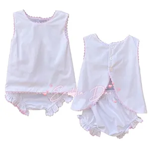 Roupa infantil 100% algodão tecido verão bebê menina picot guarnição monograma camisas e bloomer conjunto