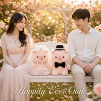 Adorable ensemble de peluches cochon pour couple de mariage avec voile de mariée et mini chapeau noir, animal en peluche doux et mignon pour cadeau de Saint-Valentin