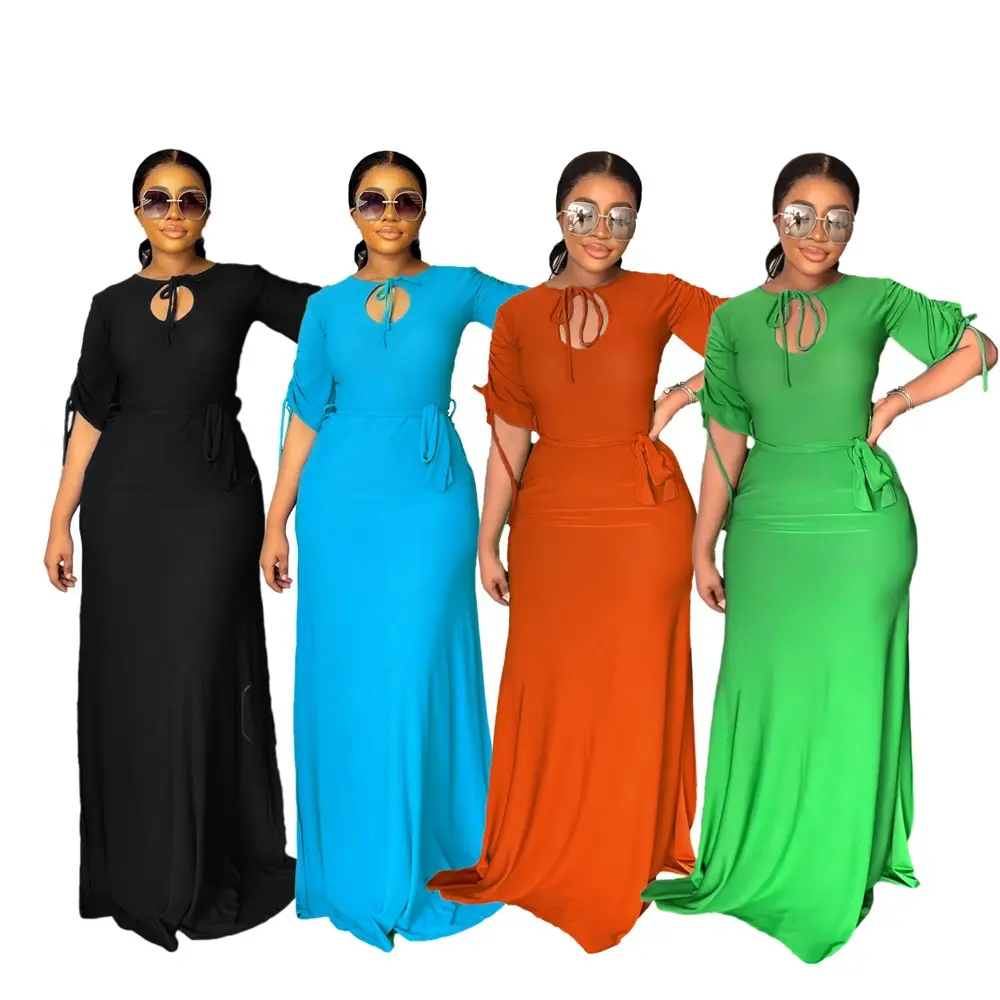 9886 Latest Design Solid Color Half Sleeve High Slit Long Dresses Women Drawstring Maxi Dress Ladies Casual Dresses