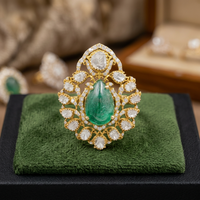 Bague en diamant 14 carats avec pierre d'émeraude en forme de poire, pierre Polki, double bague, bijoux tendance de qualité supérieure pour femmes
