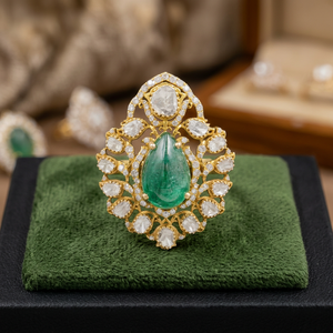 Pear Shaped Emerald Gemstone 14K Diamond <b>Ring</b> Polki Stone Double <b>Finger</b> <b>Ring</b> Trendy Top Grade Jewellery For Women - Product Image 2