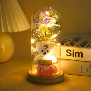 Rose Galattiche Simulate 24k <span class=keywords><strong>con</strong></span> Orsacchiotto di Peluche, Fiore Eterno Sotto Cupola di Vetro, Regalo di Compleanno Creativo, Luce Notturna da Tavolo - Product Image 3