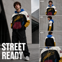 Sweat à capuche zippé streetwear personnalisé bleu, motif color block, effet éclaboussures de peinture graffiti, coupe ample et oversize, fournisseur en gros pour marques