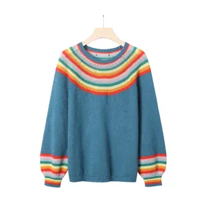 Hot Selling Striped Rainbow Color Crew Neck Balloon Sleeves Leisure Ladies Long Sleeve Sweater Winter Clothes for Women