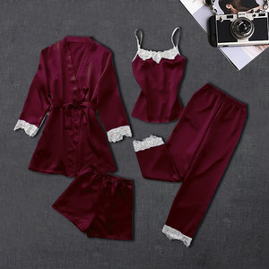 Ensemble de peignoir quatre pièces sexy en soie glacée pour femme, manches longues, grande taille, pour l'été, le printemps et l'automne, idéal pour la maison - Product Image 2