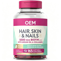 Complément Alimentaire OEM Cheveux, Peau & Ongles en Gélules Molles 165 unités 5000mcg Biotine Huile d'Argan Collagène Marque Privée