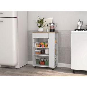 Chariot de cuisine à 5 étagères et 1 tiroir en blanc et chêne clair, design moderne pour le rangement et l'organisation - Product Image 2